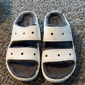 Crocs White Faux-Leather Slide Sandals with Gray Faux-Fur Lining